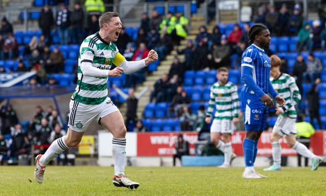 Celtic's Callum McGregor celebrates as he scores to make it 1-1  against St Johnstone at McDiarmid Park