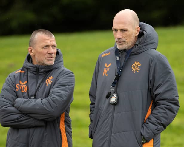 Rangers manager Philippe Clement and assistant Stephan Van Der Heyden in discussions during a training session at Auchenhowie.