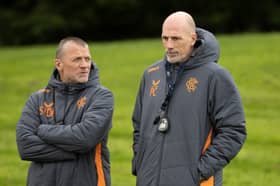 Rangers manager Philippe Clement and assistant Stephan Van Der Heyden in discussions during a training session at Auchenhowie.
