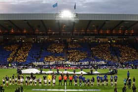 Scotland fans display a tifo reading '150 Years of History, Rivalry and Passion' during the 150th Anniversary Heritage Match against England