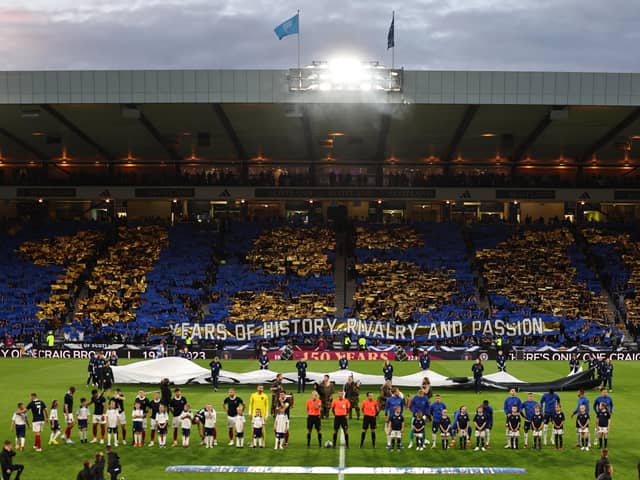 Scotland fans display a tifo reading '150 Years of History, Rivalry and Passion' during the 150th Anniversary Heritage Match against England