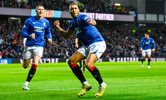 Rangers' Cyriel Dessers celebrates with John Lundstram as he scores to make it 1-1 against Dundee at Ibrox.
