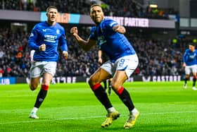 Rangers' Cyriel Dessers celebrates with John Lundstram as he scores to make it 1-1 against Dundee at Ibrox.