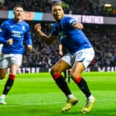 Rangers' Cyriel Dessers celebrates with John Lundstram as he scores to make it 1-1 against Dundee at Ibrox.