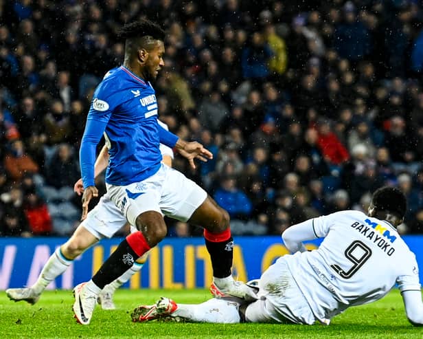 Rangers' Jose Cifuentes catches Dundee's Amadou Bakayoko high up the leg and which led to a red card 