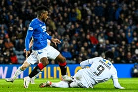 Rangers' Jose Cifuentes catches Dundee's Amadou Bakayoko high up the leg and which led to a red card 