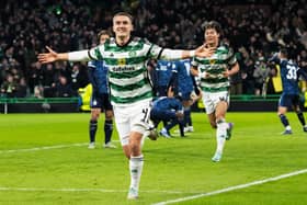 Celtic's Gustaf Lagerbielke celebrates after scoring to make it 2-1 against Feyenoord