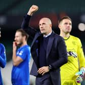 Philippe Clement clenches his fist in celebration after steering Rangers into the Europa League Round of 16.