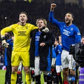Rangers' Jack Butland, Todd Cantwell and Connor Goldson revel in the post-match celebration.