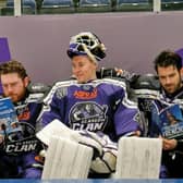 Glasgow Clan Finnish netminder Antti Karjalainen with fellow players, Charlie Combs, left and Ryan Harrison, right studying their foreign language phrase books.