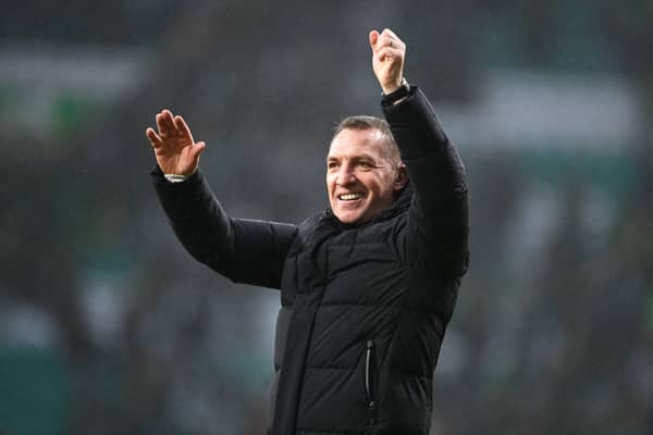 Celtic manager Brendan Rodgers celebrates after the full-time whistle.