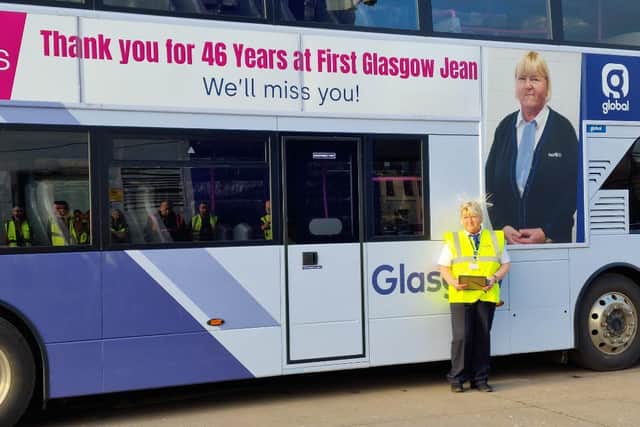 Jean worked at First Bus as a receptionist at the Caledonia Depot for 46 years - and has been honoured with an advert thanking her for her service
