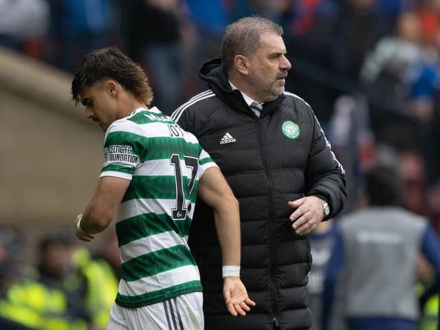 Former Celtic manager Ange Postecoglou shakes hands with Jota 