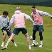 Adam Idah (R) during a Celtic training session at Lennoxtown