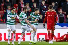 Celtic's Nicolas Kuhn celebrates as he scores to make it 1-1 against Aberdeen