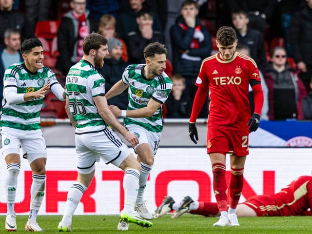 Celtic's Nicolas Kuhn celebrates as he scores to make it 1-1 against Aberdeen