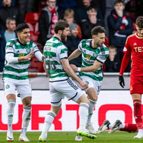 Celtic's Nicolas Kuhn celebrates as he scores to make it 1-1 against Aberdeen