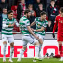 Celtic's Nicolas Kuhn celebrates as he scores to make it 1-1 against Aberdeen