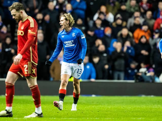 Todd Cantwell celebrates his vital winner for Rangers in the 2-1 win over Aberdeen. Cr. SNS.