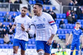 James Tavernier celebrates his goal that put Rangers top of the league in the 3-0 win over St Johnstone. Cr. SNS.