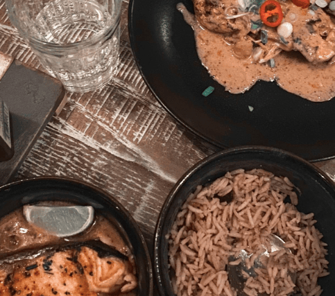 Some of the food offerings at Turtle Bay - rice 'n peas, Mo'bay Chicken, and Jerk Salmon.