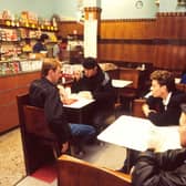 Wet Wet Wet in a cafe in Glasgow, 1987. L-R Tommy Cunningham, Marti Pellow, Graeme Clark, Neil Mitchell. 