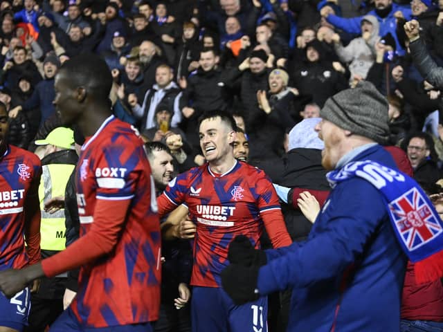 Tom Lawrence celebrates his winning goal in Rangers' midweek win over Kilmarnock Cr. Getty Images.