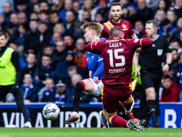 Dan Casey's tackle on Ross McAusland was discussed by Sky Sports pundit and former referee Dermot Gallagher. Cr. SNS Group.