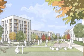 An artists impression of a new central green space in the Wyndford regeneration project by Wheatley Homes.