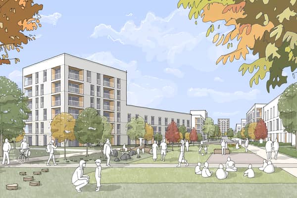 An artists impression of a new central green space in the Wyndford regeneration project by Wheatley Homes.