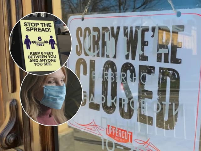 Remembering the first Covid lockdown four years on. A 'closed' sign from when all non-essential retailers were ordered to shut. Inset: Social distancing measures were in place to stop the spread of Covid-19 and below: A woman wears a mask to protect herself and others from spreading the virus. 