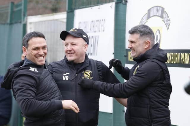 Bellshill Athletic's management team of Dean Muir, Neil Rowatt and Paul Burns (Credit: Billy Quigley)