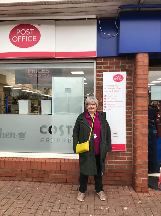 Marion stopping by a Post Office in Law, South Lanarkshire. Almost half of the Motherwell and Wishaw constituency Post Offices have recently closed