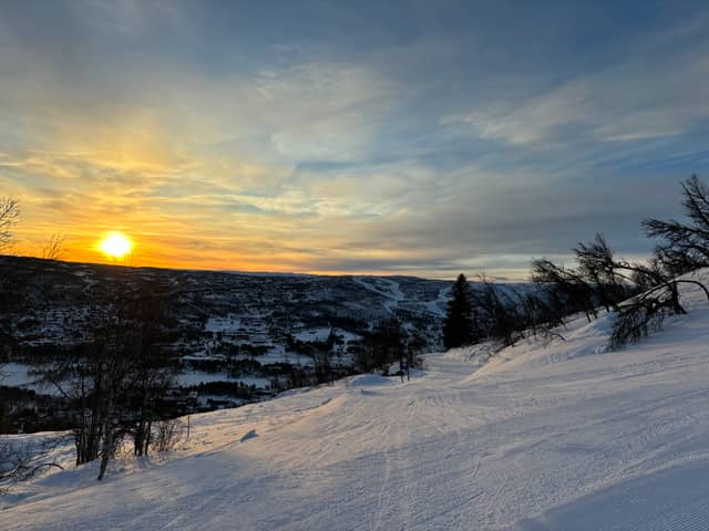 The sun sets on our first day skiing in Geilo, Norway. 