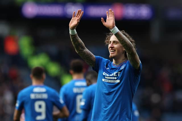 Fabio Silva of Rangers celebrates after he scores his team's fifth goal during the Cinch Scottish Premiership match against Hearts