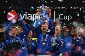 Borna Barisic of Rangers lifts the trophy during the Viaplay Cup Final 