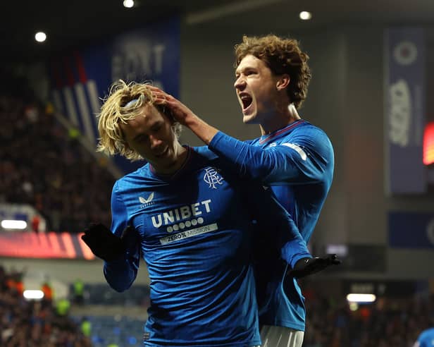 Todd Cantwell of Rangers celebrates with teammate Sam Lammers 