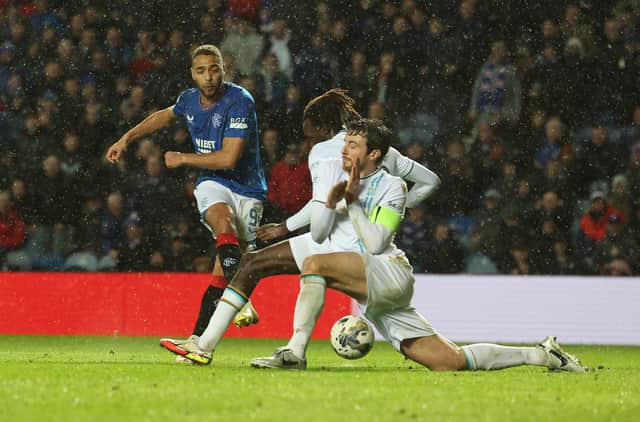 Cyriel Dessers of Rangers shoots at goal against Dundee at Ibrox in December 2023