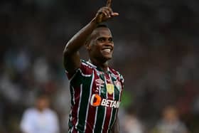 Fluminense's Colombian forward Jhon Arias celebrates after scoring during the Conmebol Recopa Sudamericana second leg final match 