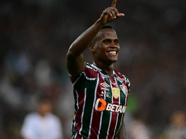 Fluminense's Colombian forward Jhon Arias celebrates after scoring during the Conmebol Recopa Sudamericana second leg final match 