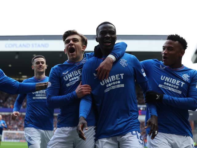 Mohamed Diomande of Rangers celebrates a goal against Hearts in February 2024