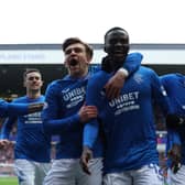 Mohamed Diomande of Rangers celebrates a goal against Hearts in February 2024