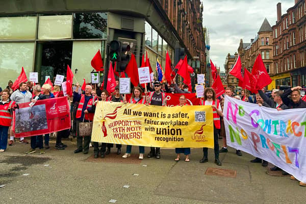 Workers outside the 13th Note - when the union members went on strike last year it was the first time bar staff had undertook official strike action in Britain in 20 years.