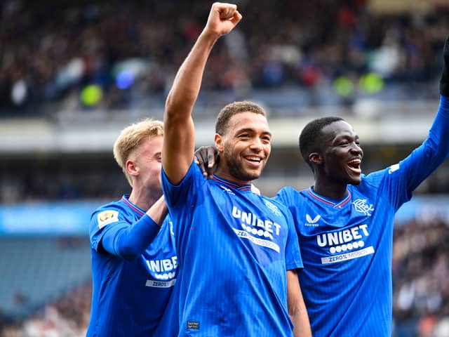 Rangers' Cyriel Dessers celebrates with Mohamed Diomande after scoring to make it 2-0 against Hearts