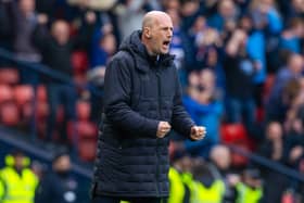 Rangers manager Philippe Clement celebrates after Cyriel Dessers scores to make it 1-0 against Hearts