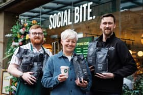 Social Bite and Matthew Algie Pay it Forward campaign.
Pictured outside Social Bite on Sauchiehall Street, Glasgow are, from left- Alastair Lindsay (general manager of the Social Bite Sauchiehall Street branch), Mel Swan (commercial and operations director Social Bite) and Kevin McGeachan, (national account executive at Matthew Algie)