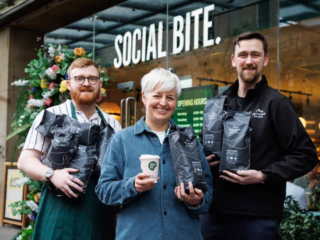 Social Bite and Matthew Algie Pay it Forward campaign.
Pictured outside Social Bite on Sauchiehall Street, Glasgow are, from left- Alastair Lindsay (general manager of the Social Bite Sauchiehall Street branch), Mel Swan (commercial and operations director Social Bite) and Kevin McGeachan, (national account executive at Matthew Algie)