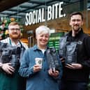 Social Bite and Matthew Algie Pay it Forward campaign.
Pictured outside Social Bite on Sauchiehall Street, Glasgow are, from left- Alastair Lindsay (general manager of the Social Bite Sauchiehall Street branch), Mel Swan (commercial and operations director Social Bite) and Kevin McGeachan, (national account executive at Matthew Algie)