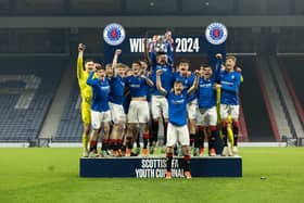 The Rangers squad lift the Scottish Youth Cup after victory over Aberdeen at Hampden Park