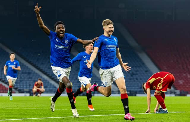 Rangers' Josh Gentles celebrates with Paul Nsio as he scores to make it 2-1 at Hampden Park.
